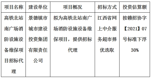 高鐵北站南廣場消防設(shè)施設(shè)備維保項目招標(biāo)代理計劃公告